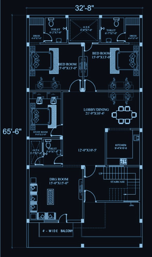 Residential floor plan — 32 by 65 feet, drawn to scale